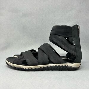 Sorel Size 9.5 Black Out 'N About Plus Stretch Straps Leather Back Zip Sandals